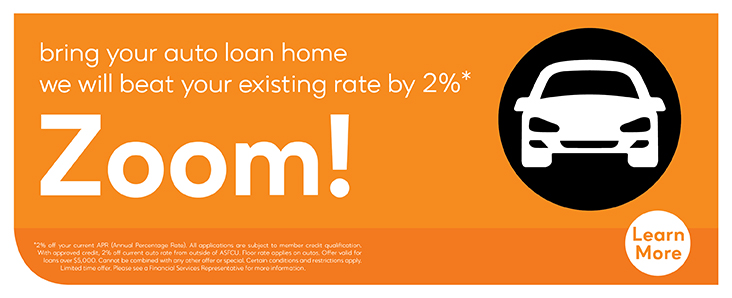 bring your auto loan home we will beat your existing rate by 2%*
Zoom!
